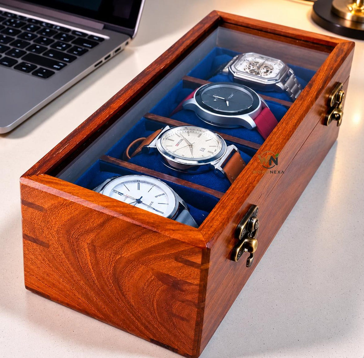 24-Slot Wooden Watch Box with Glass Lid, Velvet Interior, Luxury Storage