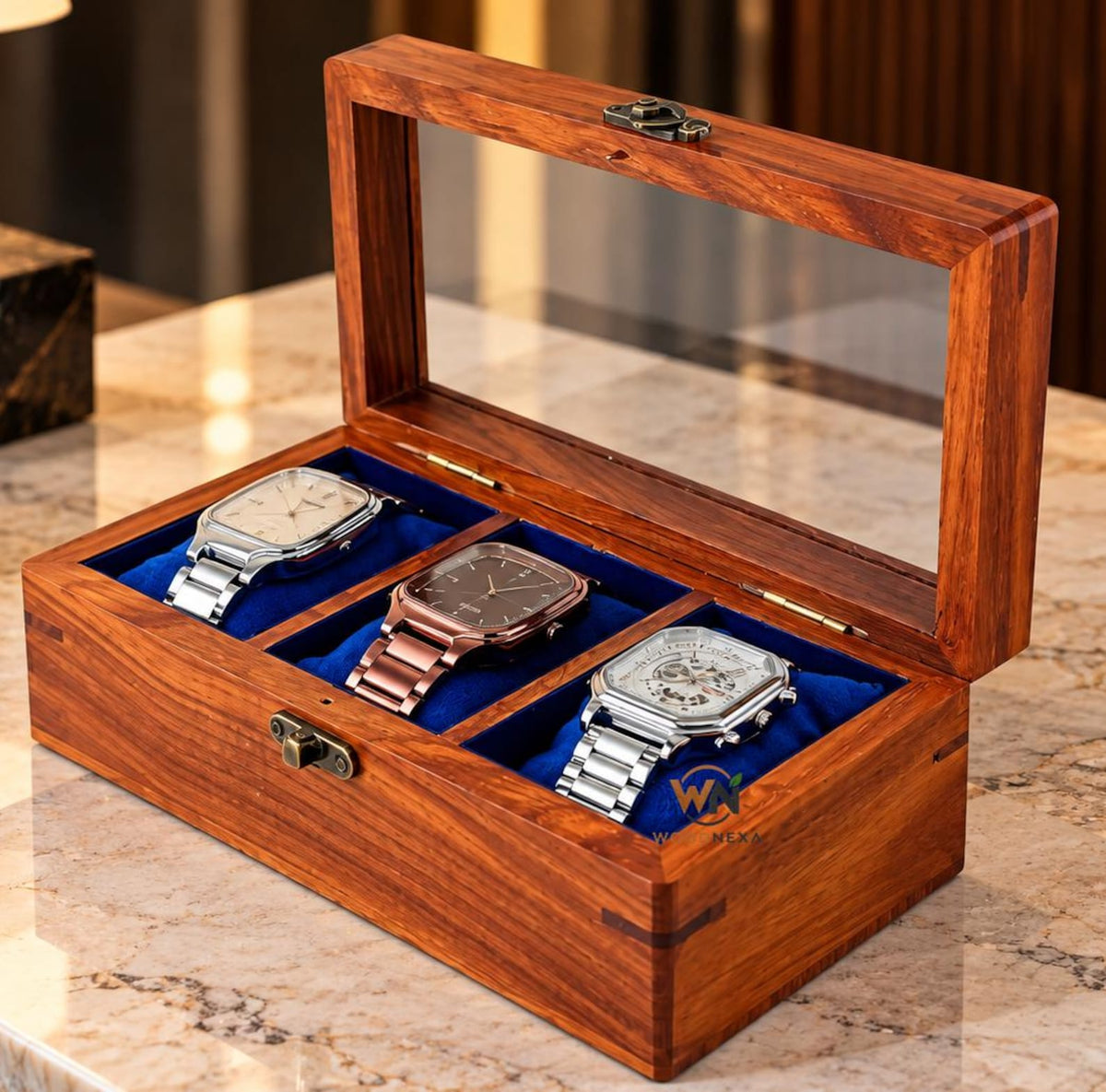 24-Slot Wooden Watch Box with Glass Lid, Velvet Interior, Luxury Storage