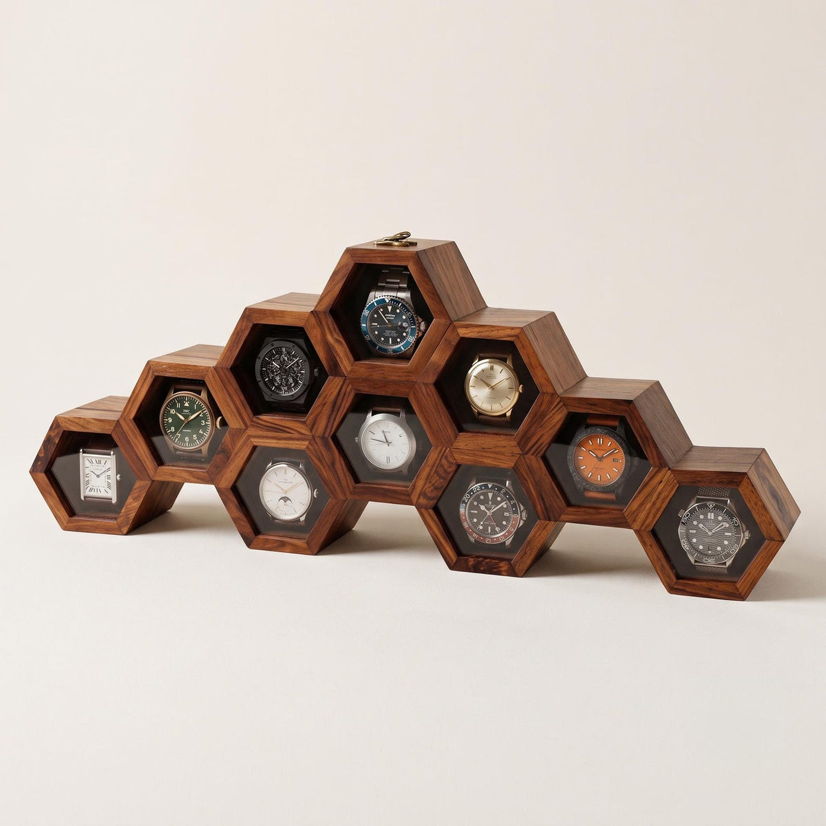 Wooden Watch Box, Honeycomb Display Case, Glass Lid Organizer, Rosewood - Gift for him