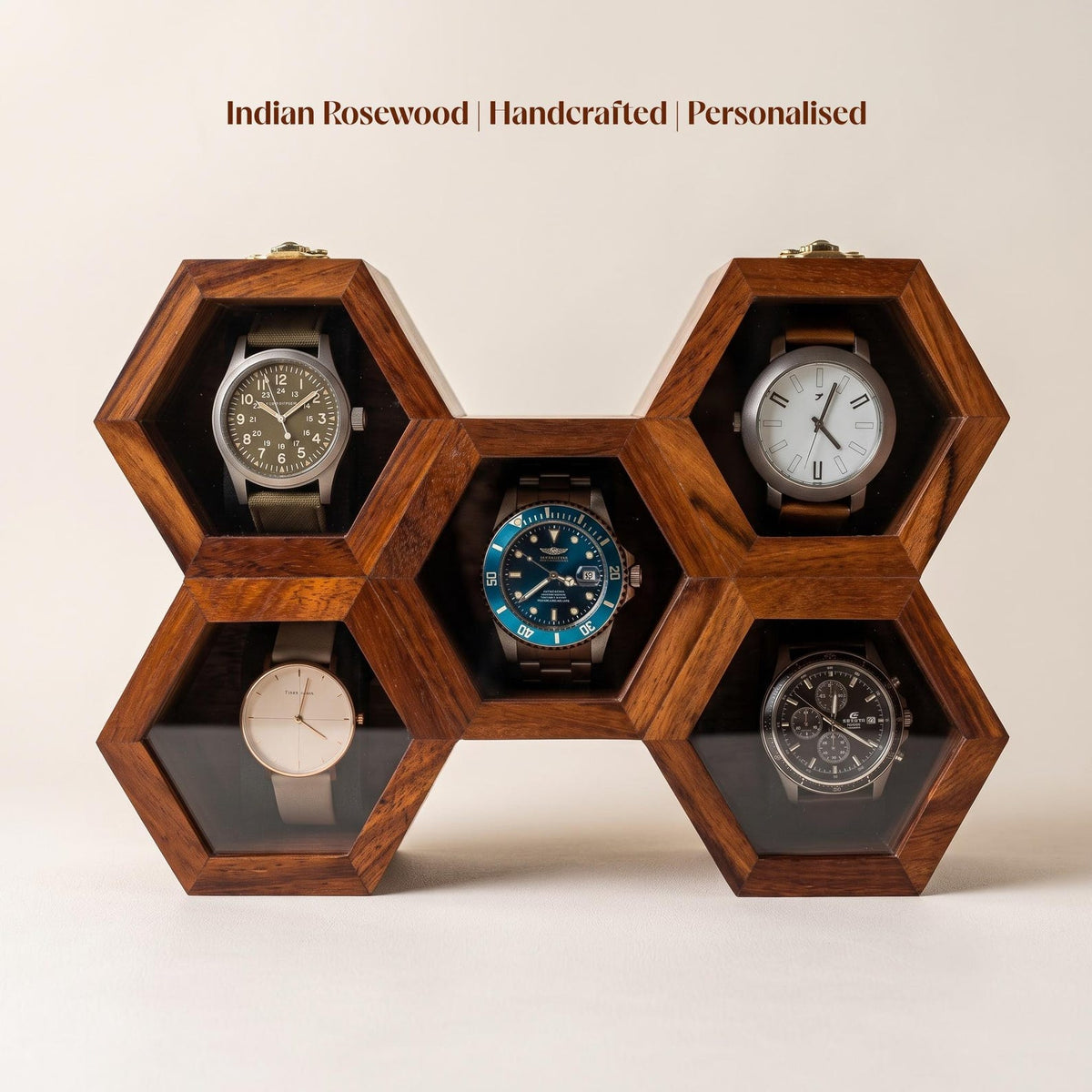 Wooden Watch Box, Honeycomb Display Case, Glass Lid Organizer, Rosewood - Gift for him