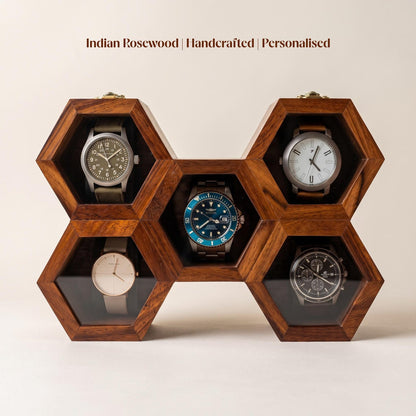 Wooden Watch Box, Honeycomb Display Case, Glass Lid Organizer, Rosewood - Gift for him