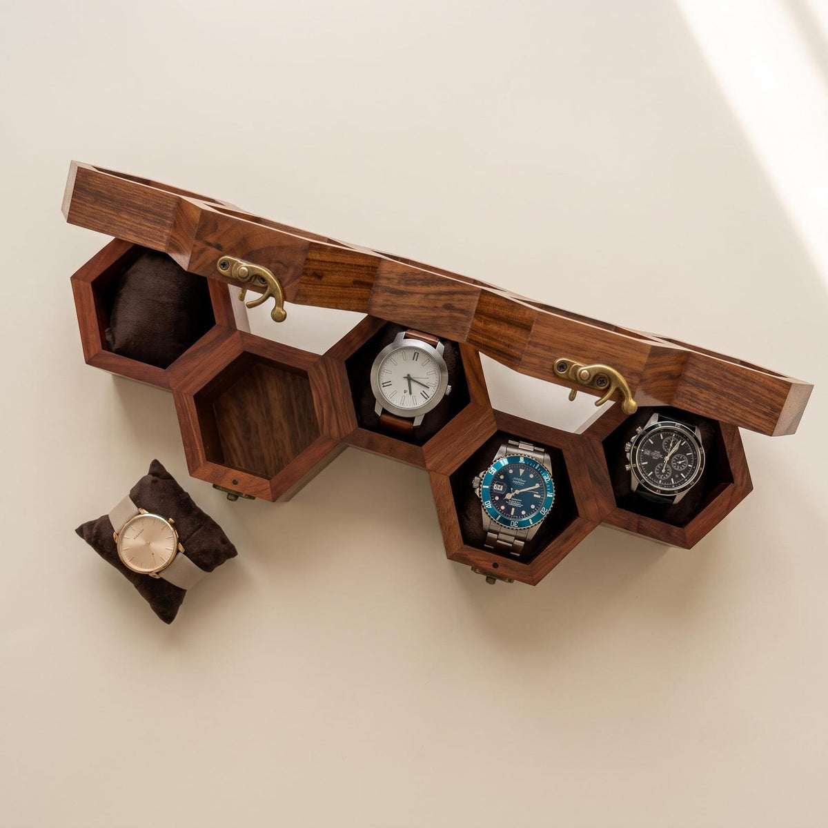 Wooden Watch Box, Honeycomb Display Case, Glass Lid Organizer, Rosewood - Gift for him