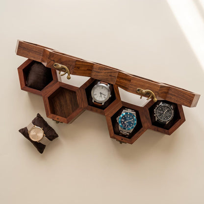 Wooden Watch Box, Honeycomb Display Case, Glass Lid Organizer, Rosewood - Gift for him