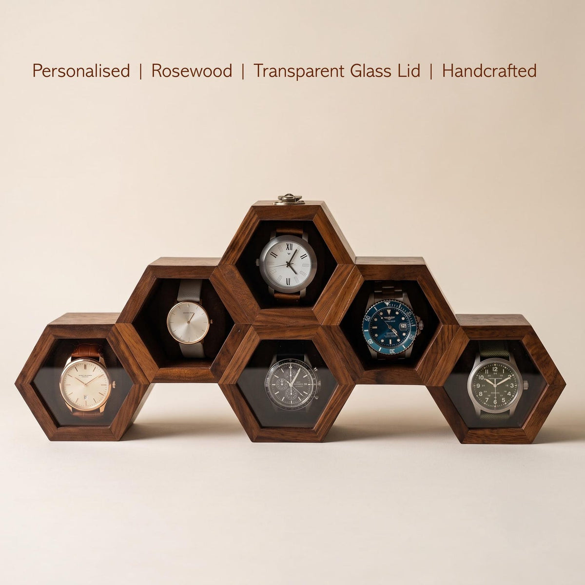 Wooden Watch Box, Honeycomb Display Case, Glass Lid Organizer, Rosewood - Gift for him