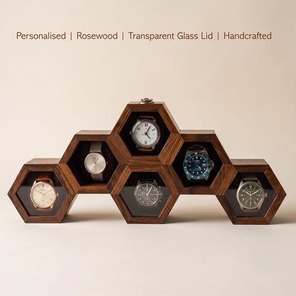 Wooden Watch Box, Honeycomb Display Case, Glass Lid Organizer, Rosewood - Gift for him