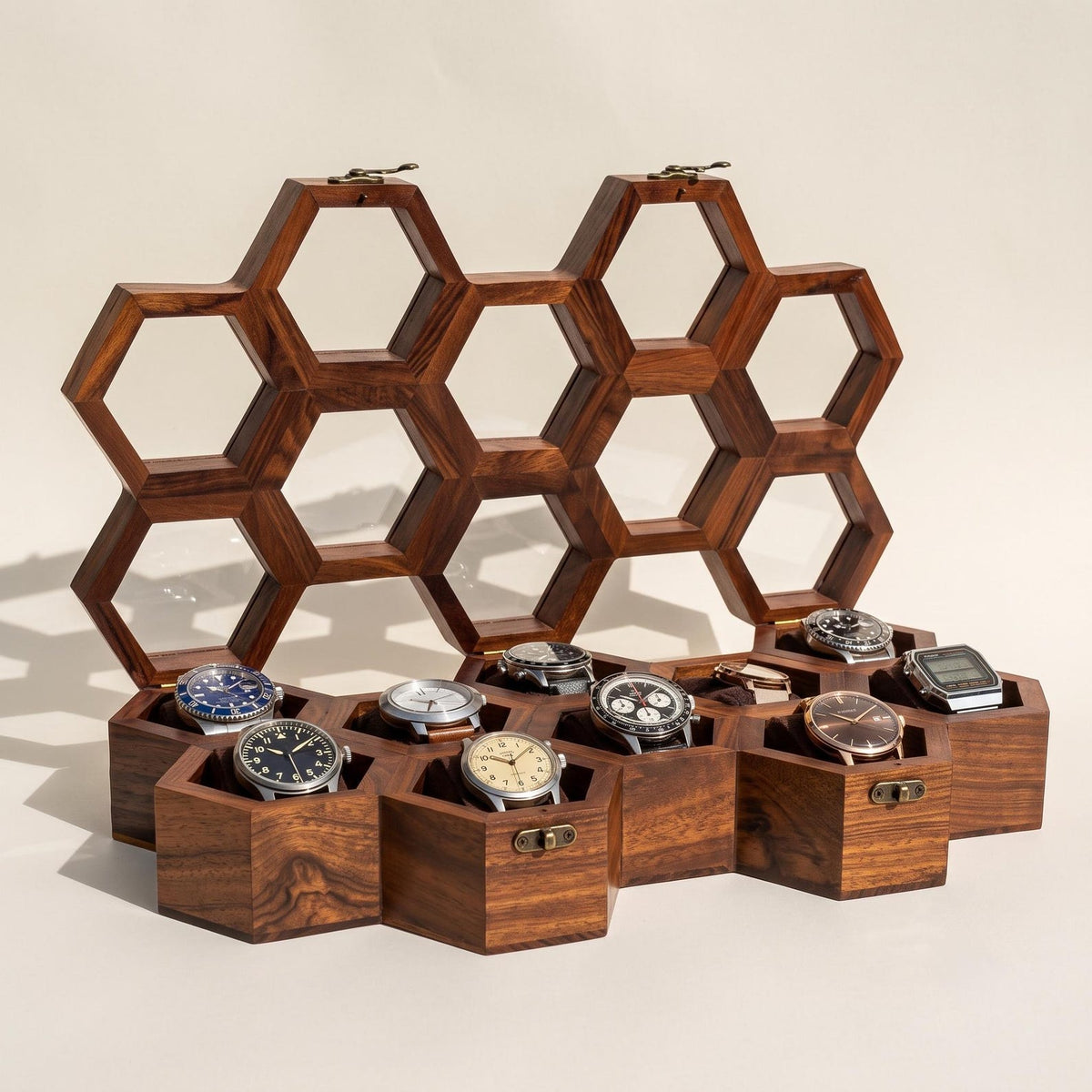 Wooden Watch Box, Honeycomb Display Case, Glass Lid Organizer, Rosewood - Gift for him
