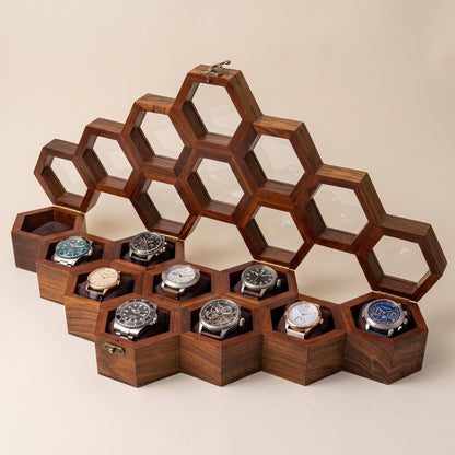 Wooden Watch Box, Honeycomb Display Case, Glass Lid Organizer, Rosewood - Gift for him