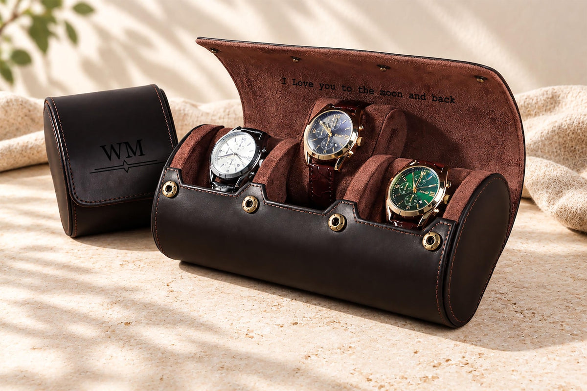 Personalized Genuine Leather Watch Box - Custom Engraved Travel Case for 1-3 Watches, Watch Organizer, Father's Day, Groomsmen Gift for Him