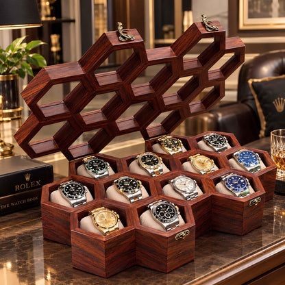 Wooden Watch Box, Rosewood Display Case, Honeycomb Design, Handmade Jewelry Storage