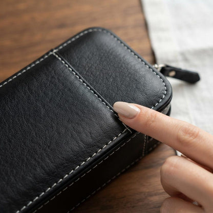 Black Leather Watch Travel Case with Zipper Pocket for Two Watches Portable Organizer Box