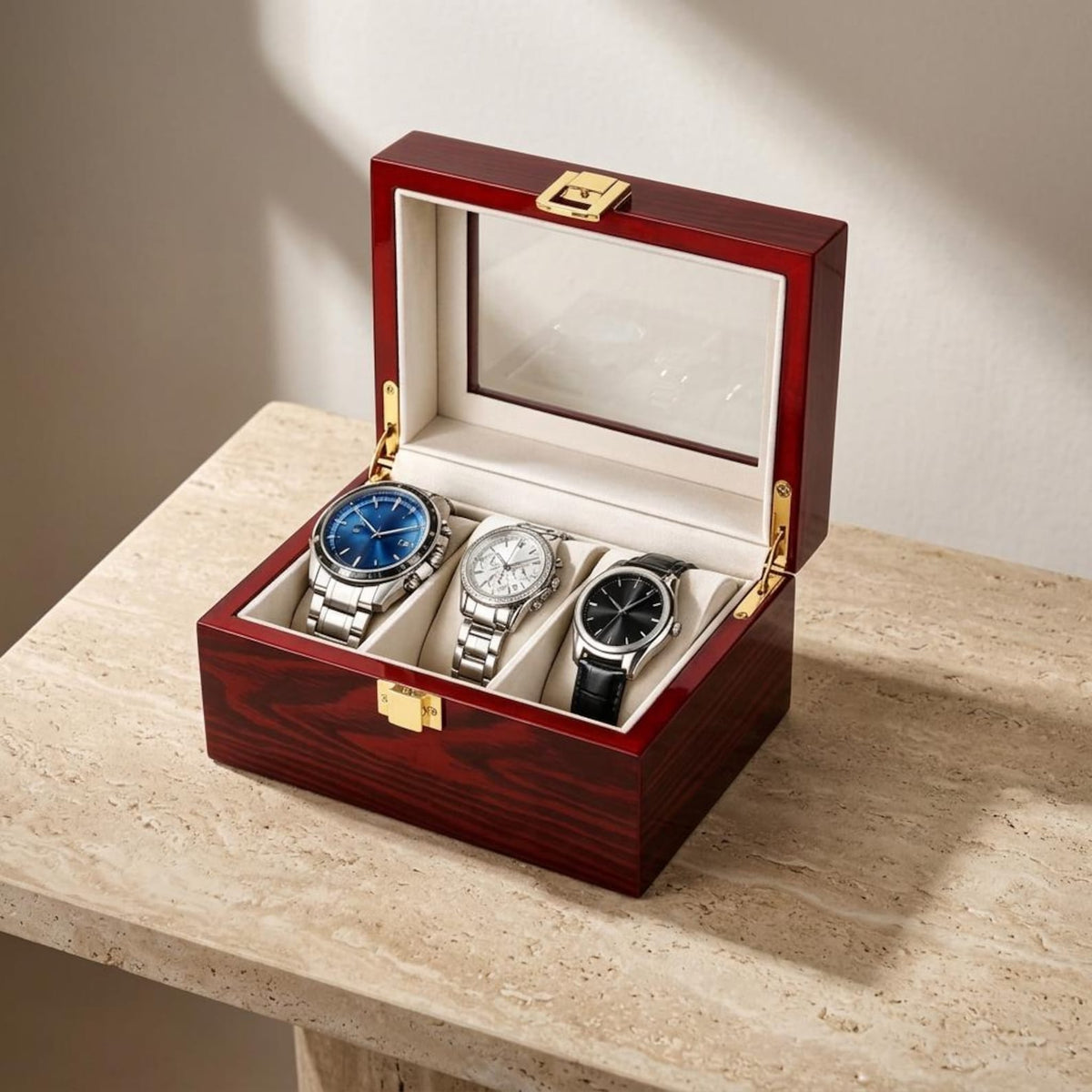 Wooden Watch Box Organizer, 3 Watch Holder Case, Glass Display, Mens Watch Storage, Wood Jewelry Organizer, Gift for Men, Husband Boyfriend