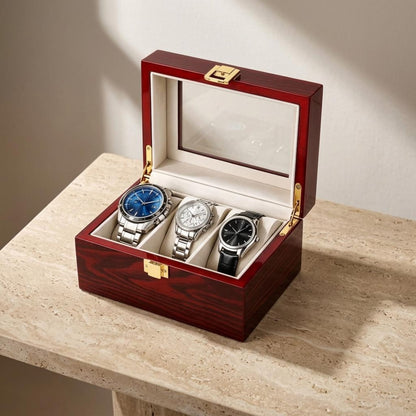 Wooden Watch Box Organizer, 3 Watch Holder Case, Glass Display, Mens Watch Storage, Wood Jewelry Organizer, Gift for Men, Husband Boyfriend