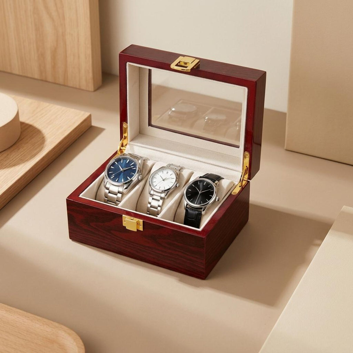 Wooden Watch Box Organizer, 3 Watch Holder Case, Glass Display, Mens Watch Storage, Wood Jewelry Organizer, Gift for Men, Husband Boyfriend