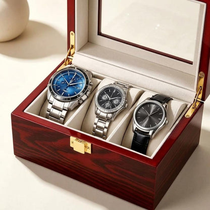 Wooden Watch Box Organizer, 3 Watch Holder Case, Glass Display, Mens Watch Storage, Wood Jewelry Organizer, Gift for Men, Husband Boyfriend