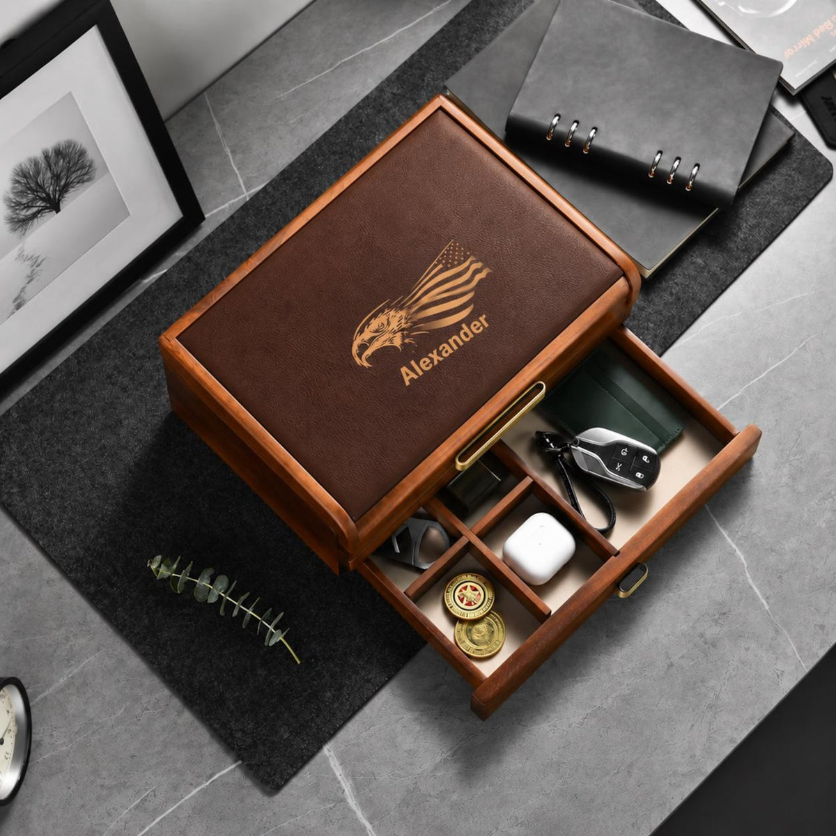 Wooden Watch Box with Drawer Leather Lid Closet Organization Acacia Valet Tray for Men Minimalist Nightstand Organizer Engraved Display Case