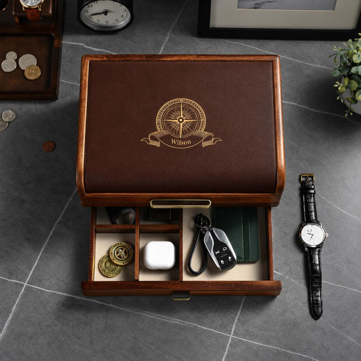 Wooden Watch Box with Drawer Leather Lid Closet Organization Acacia Valet Tray for Men Minimalist Nightstand Organizer Engraved Display Case
