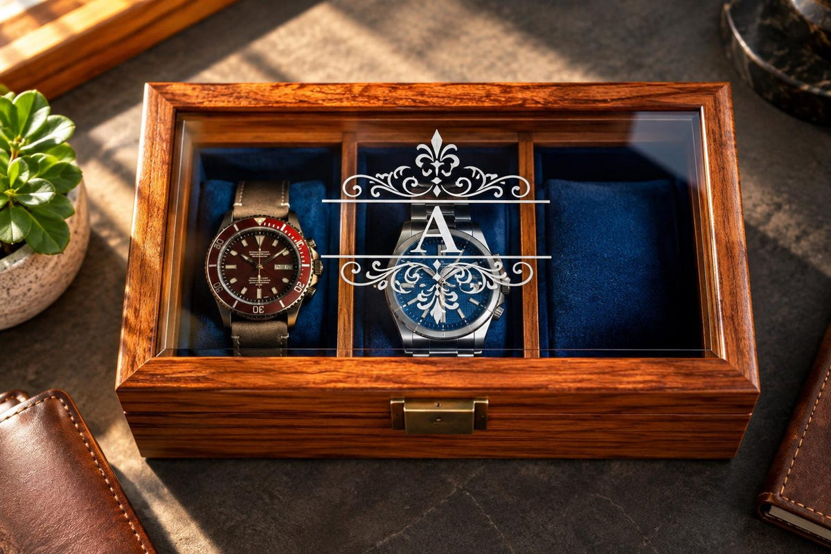 Handmade Personalized Wooden Watch Box for Men – Rosewood Watch Display Case with Glass Lid, Custom Watch Organizer, Luxury Gift for Him