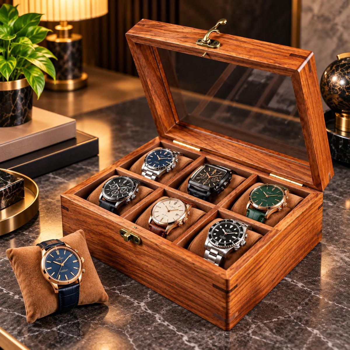 Handmade Personalized Wooden Watch Box for Men – Rosewood Watch Display Case with Glass Lid, Custom Watch Organizer, Luxury Gift for Him