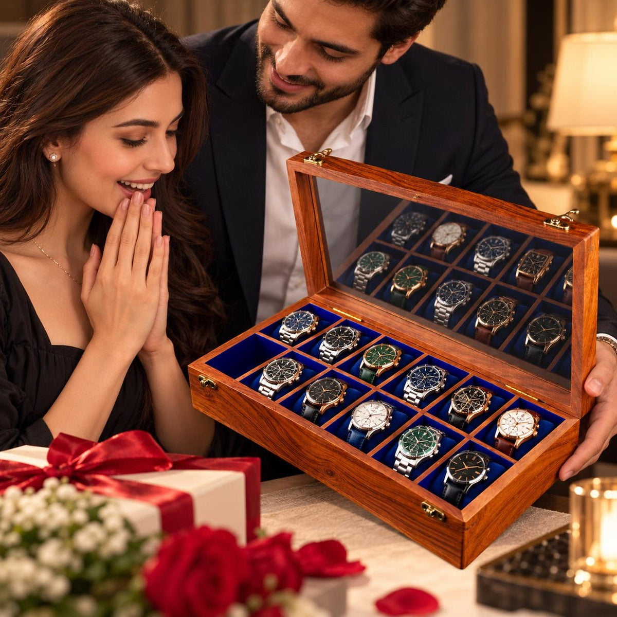 Handmade Personalized Wooden Watch Box for Men – Rosewood Watch Display Case with Glass Lid, Custom Watch Organizer, Luxury Gift for Him