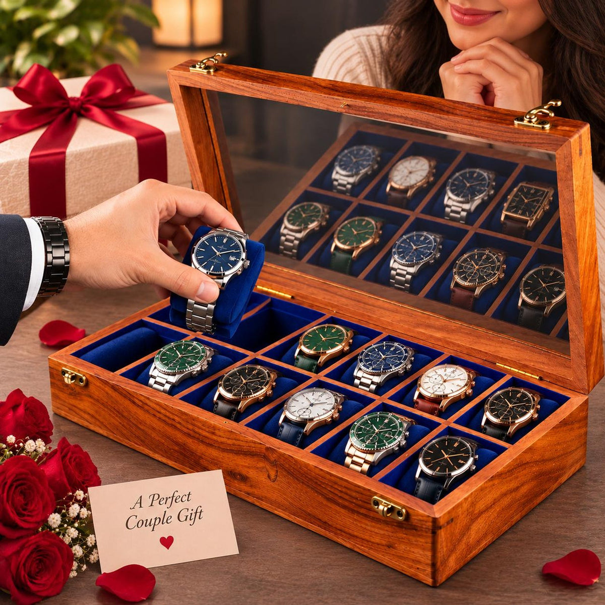 Handmade Personalized Wooden Watch Box for Men – Rosewood Watch Display Case with Glass Lid, Custom Watch Organizer, Luxury Gift for Him