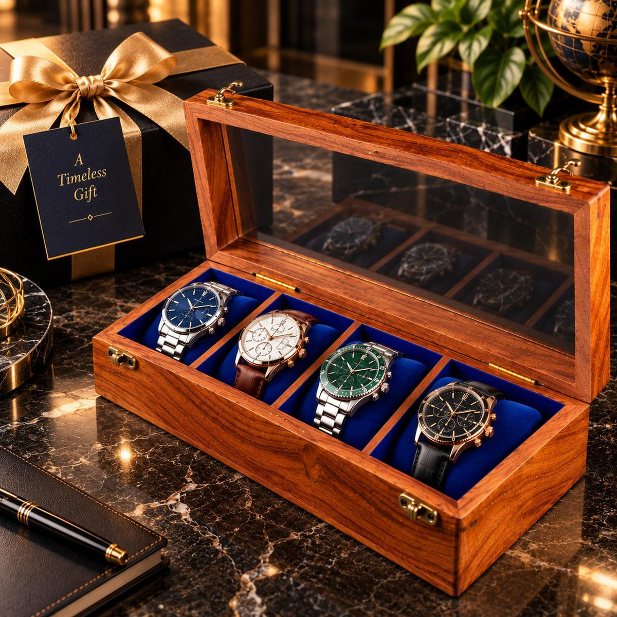 Handmade Personalized Wooden Watch Box for Men – Rosewood Watch Display Case with Glass Lid, Custom Watch Organizer, Luxury Gift for Him