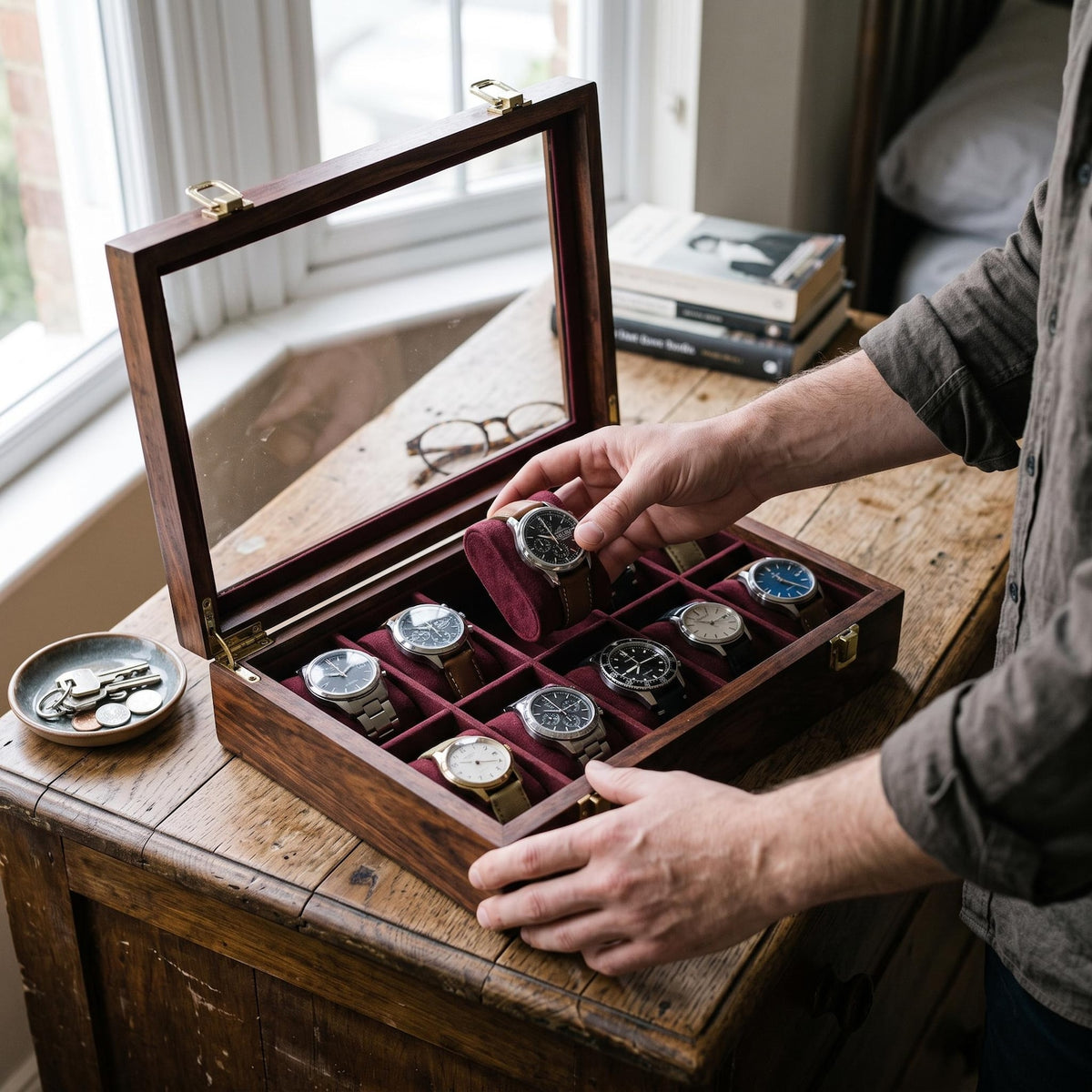 Handcrafted Wooden Watch Box – 10-Slot Velvet Interior, Glass Lid Display Case