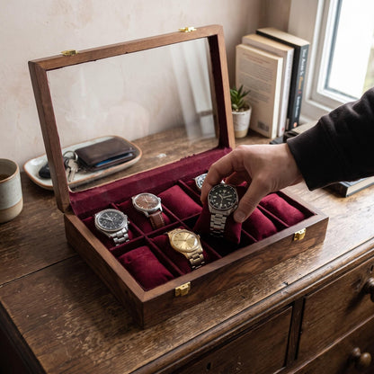 Handcrafted Wooden Watch Box – 10-Slot Velvet Interior, Glass Lid Display Case