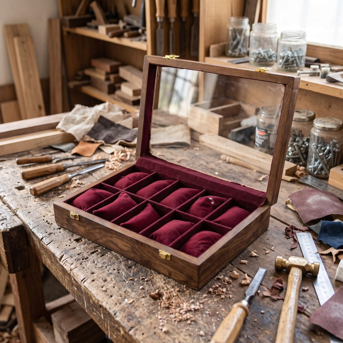 Handcrafted Wooden Watch Box – 10-Slot Velvet Interior, Glass Lid Display Case