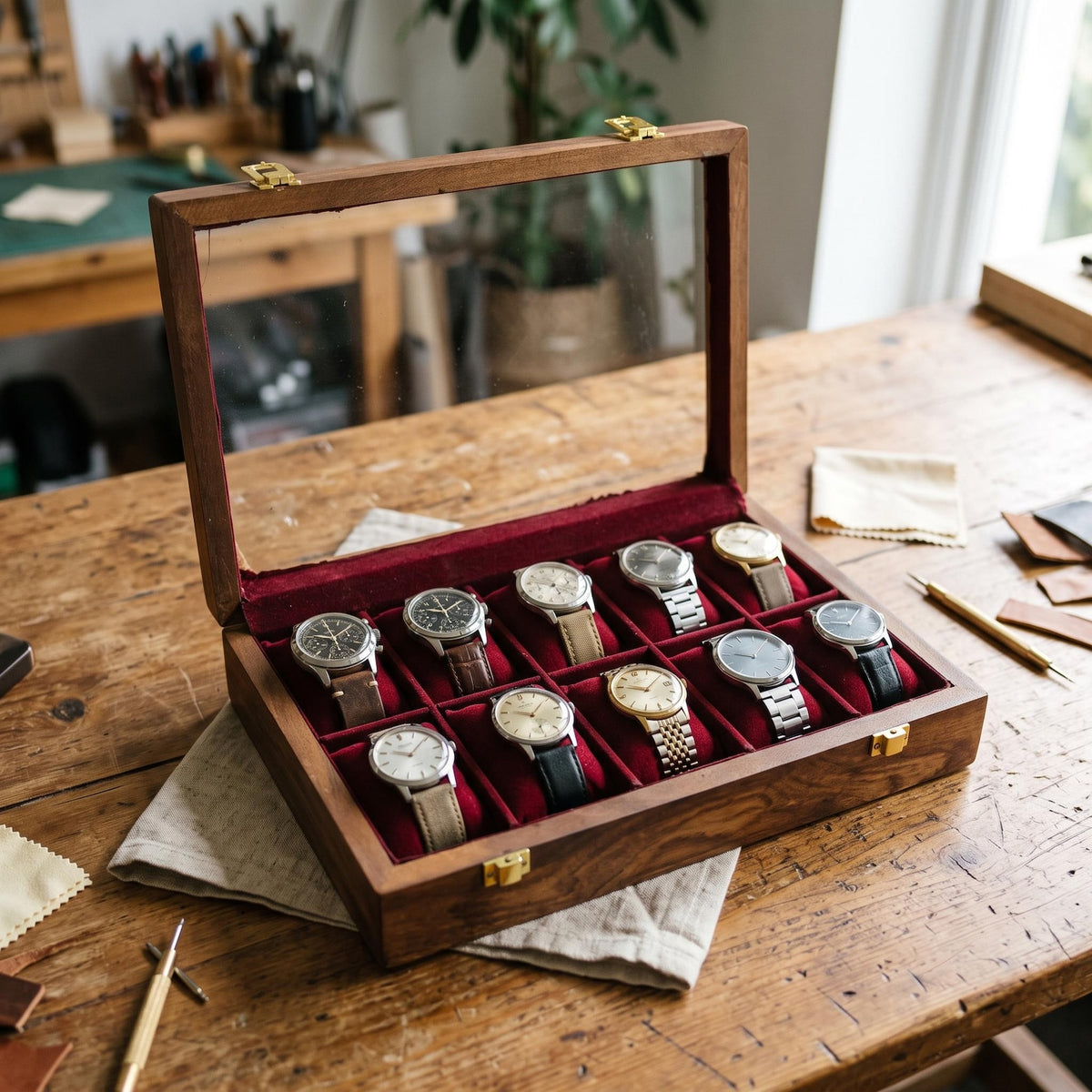 Handcrafted Wooden Watch Box – 10-Slot Velvet Interior, Glass Lid Display Case