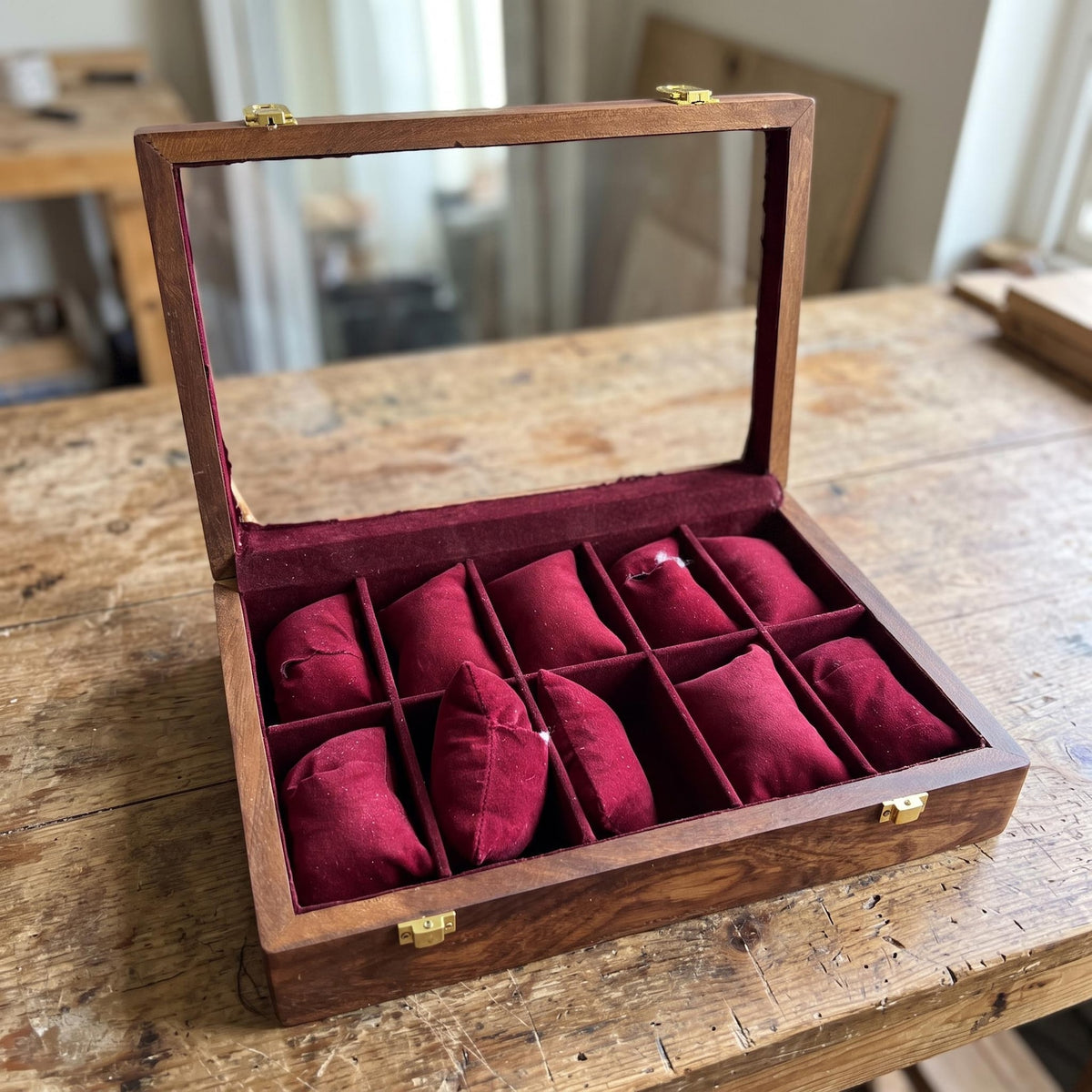 Handcrafted Wooden Watch Box – 10-Slot Velvet Interior, Glass Lid Display Case