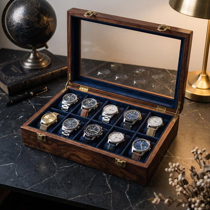 Handcrafted Wooden Watch Box – 10-Slot Velvet Interior, Glass Lid Display Case