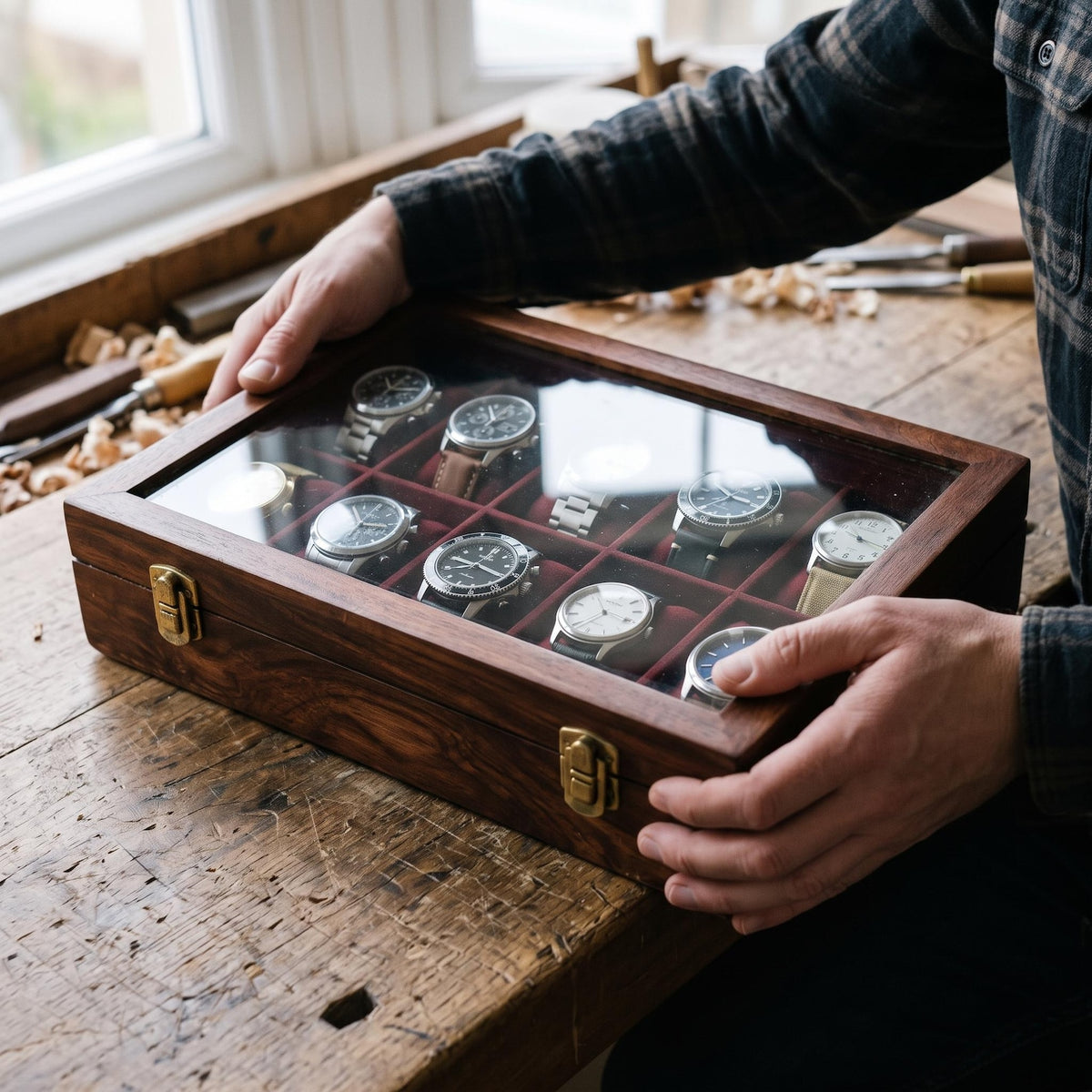 Handcrafted Wooden Watch Box – 10-Slot Velvet Interior, Glass Lid Display Case
