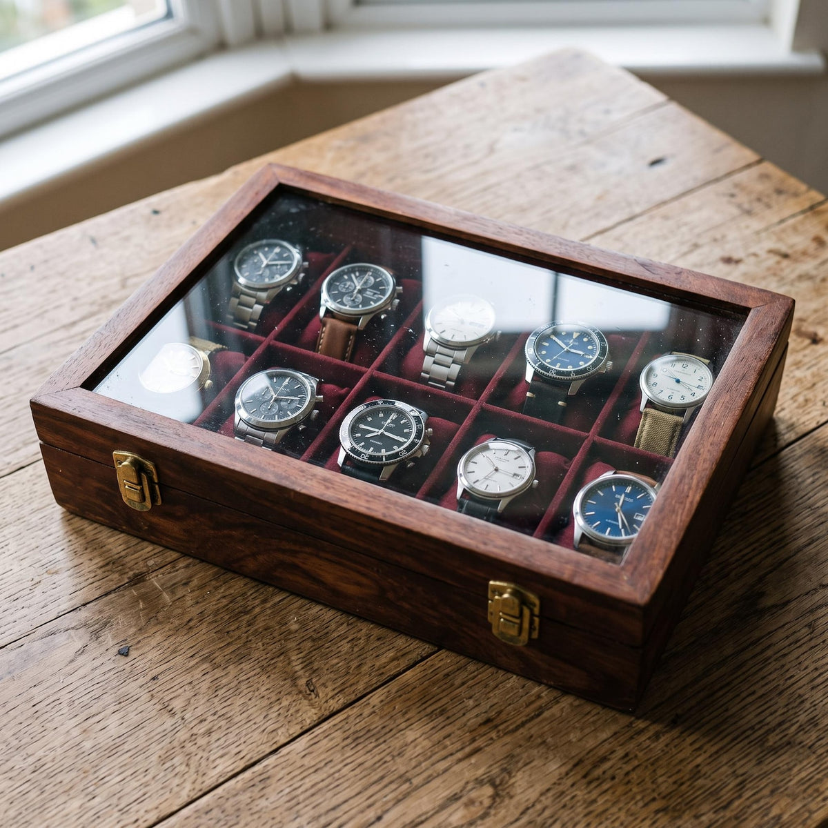 Handcrafted Wooden Watch Box – 10-Slot Velvet Interior, Glass Lid Display Case