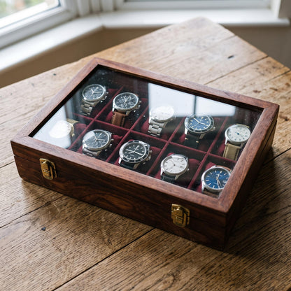 Handcrafted Wooden Watch Box – 10-Slot Velvet Interior, Glass Lid Display Case