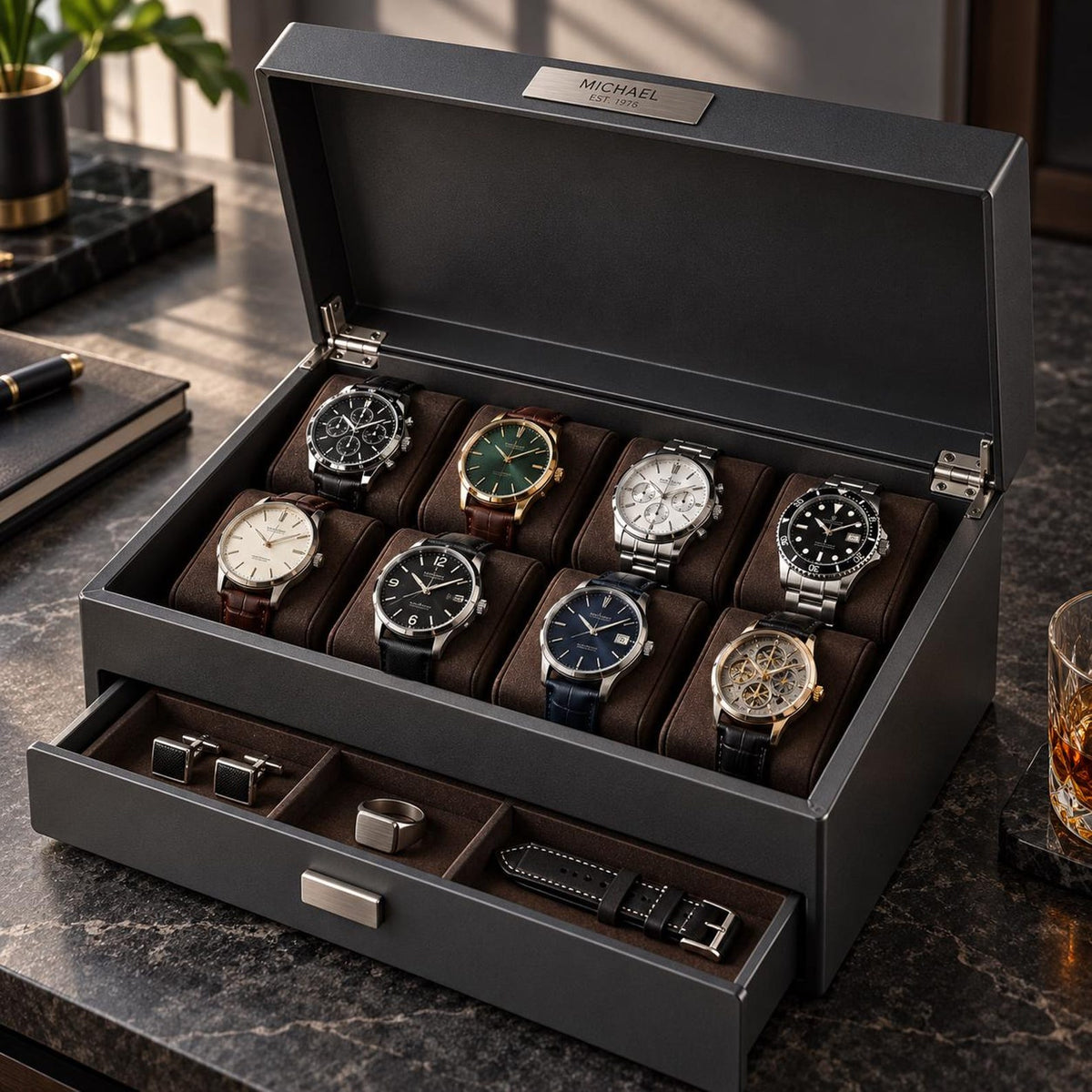 Personalized Steel Watch Box with Drawer, 8-Slot Anthracite Watch Case