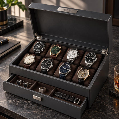 Personalized Steel Watch Box with Drawer, 8-Slot Anthracite Watch Case