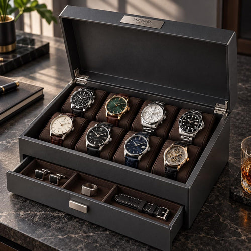 Personalized Steel Watch Box with Drawer, 8-Slot Anthracite Watch Case