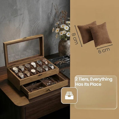 Wooden Watch Box – 12 Slot, 2-Tier Display with Glass Lid & Drawer Organizer