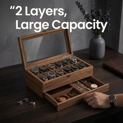 Wooden Watch Box – 12 Slot, 2-Tier Display with Glass Lid & Drawer Organizer