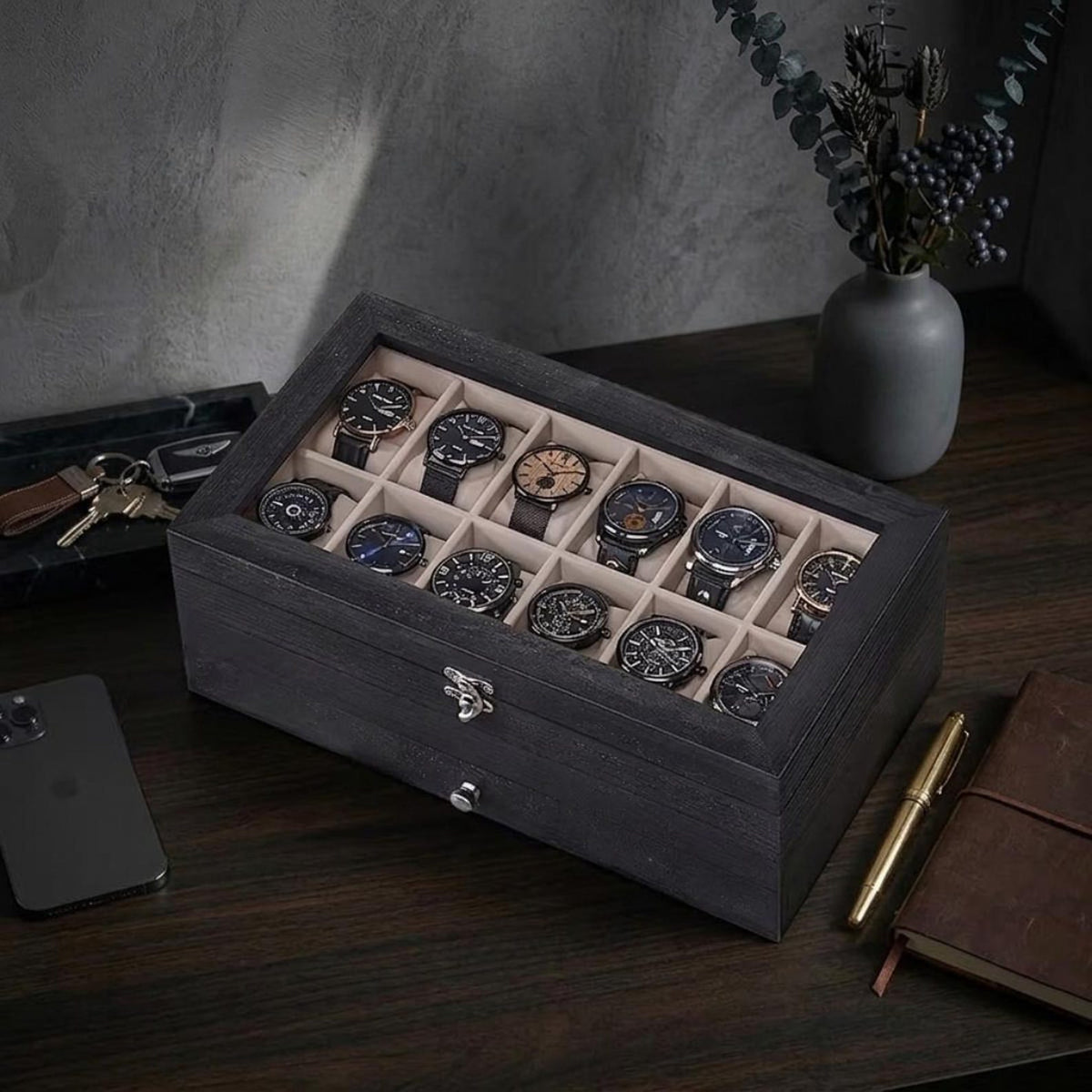 Wooden Watch Box – 12 Slot, 2-Tier Display with Glass Lid & Drawer Organizer