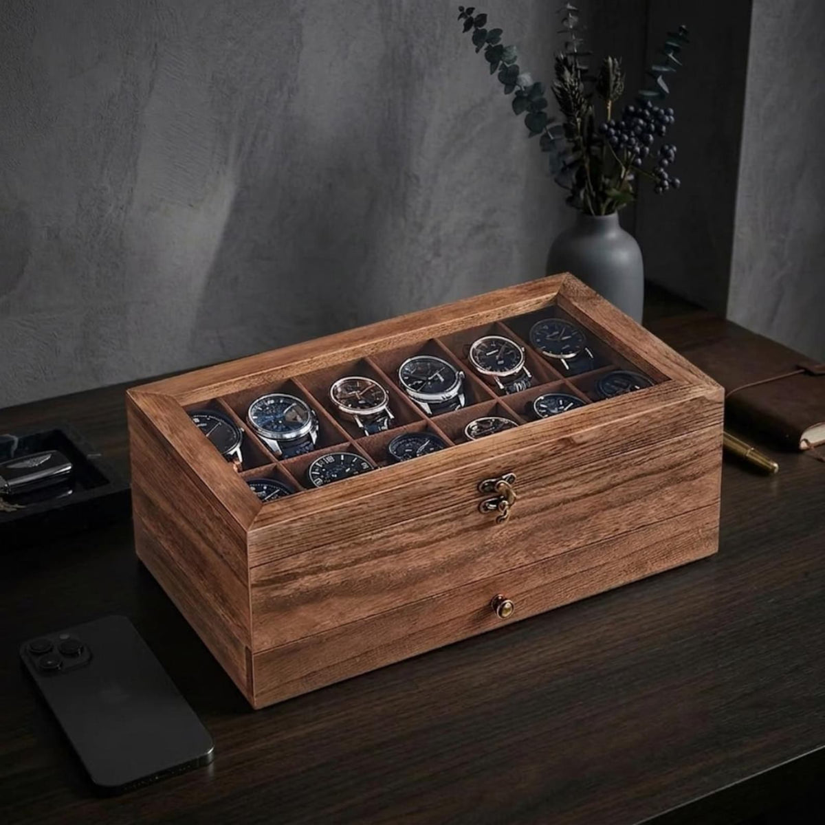 Wooden Watch Box – 12 Slot, 2-Tier Display with Glass Lid & Drawer Organizer