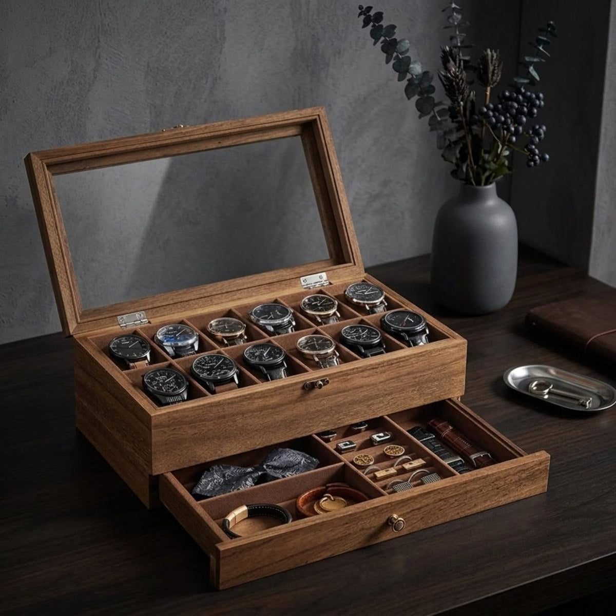 Wooden Watch Box – 12 Slot, 2-Tier Display with Glass Lid & Drawer Organizer