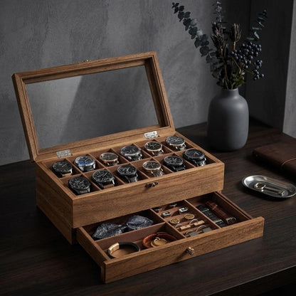 Wooden Watch Box – 12 Slot, 2-Tier Display with Glass Lid & Drawer Organizer