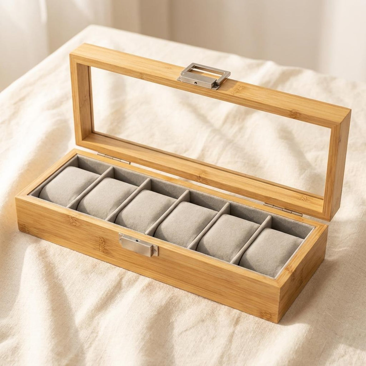 Bamboo Watch Box Display Case with Glass Lid, Wooden Watch Organizer for Men, 6 Slot Watch Storage Box Gift