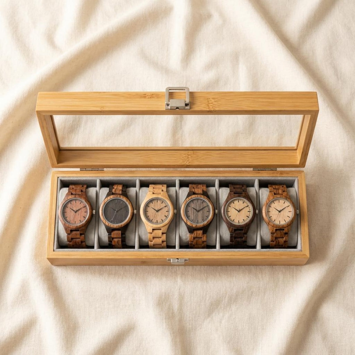 Bamboo Watch Box Display Case with Glass Lid, Wooden Watch Organizer for Men, 6 Slot Watch Storage Box Gift