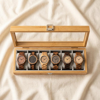 Bamboo Watch Box Display Case with Glass Lid, Wooden Watch Organizer for Men, 6 Slot Watch Storage Box Gift
