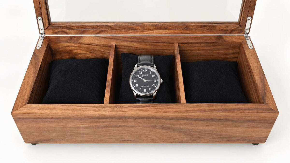 Walnut Watch Box: Luxury Wooden Watch Organizer, 3-Slot Display Case