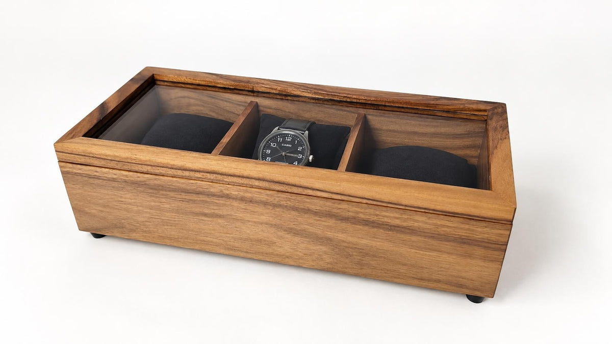 Walnut Watch Box: Luxury Wooden Watch Organizer, 3-Slot Display Case