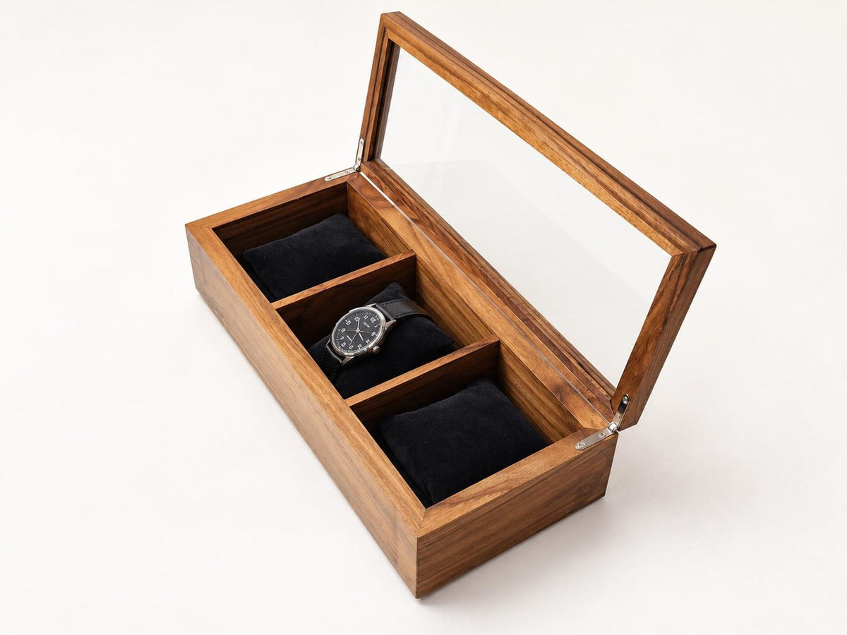 Walnut Watch Box: Luxury Wooden Watch Organizer, 3-Slot Display Case