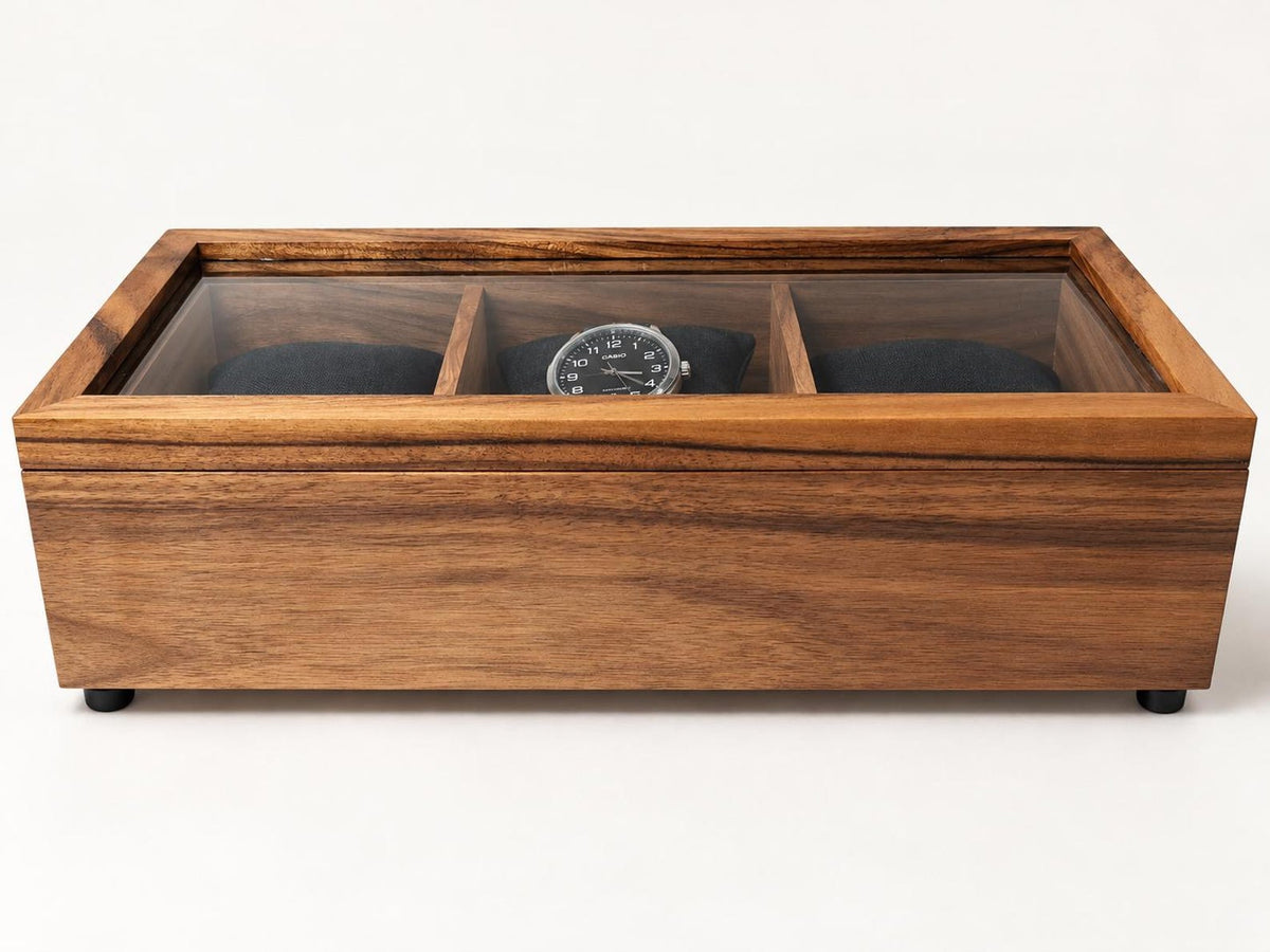Walnut Watch Box: Luxury Wooden Watch Organizer, 3-Slot Display Case